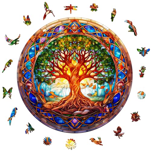 Aeekdook Wooden Puzzles for Adults - Stained Glass Tree of Life Wooden Jigsaw Puzzle for Adults – Unique 200-Piece Art Puzzle, Premium Brain Teaser & Decorative Gift (11.4"x11.4")
