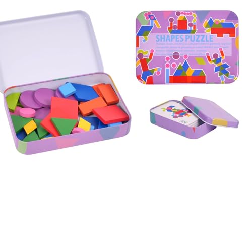Aelgiosm Wooden Tangrams Pattern Blocks - Brain Teaser Shape Puzzles for Cognitive Activity in Elderly, with Geometric Guide Cards for Sensory Play (Style E)