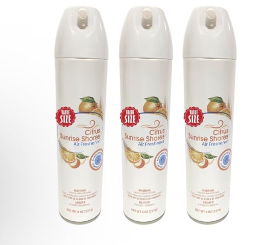 Aerosol Air Freshener Citrus Sunrise Shores Scent 8 oz – Long Lasting Odor Eliminator Spray for Home Bathroom Office, Fresh Citrus Room Spray, Instant Deodorizer, Easy Spray (Pack of 3)