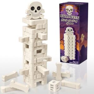 AerWo Wooden Blocks Stacking Games, Tumbling Tower and Balance Halloween Games for Kids, Skeleton for Kids and Adults with Six-Sided Dice, Wood Blocks Twister Game
