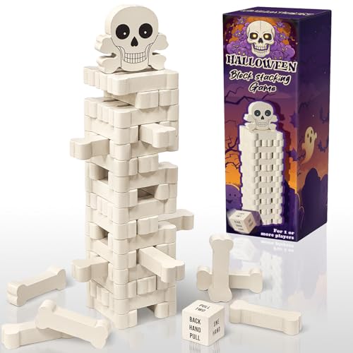AerWo Wooden Blocks Stacking Games, Tumbling Tower and Balance Halloween Games for Kids, Skeleton for Kids and Adults with Six-Sided Dice, Wood Blocks Twister Game