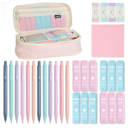 Aesthetic School Supplies with Cute Pencil Case, 12x Pastel Mechanical Pencils 0.5 & 0.7mm with 720x HB Leads, 4x Erasers and 1x Sticky Note, Suitable for Writing, Drafting Drawing Sketching(pink)