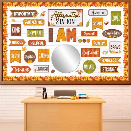 Affirmation Station Bulletin Board Set with 11in Mirror Motivational Posters Classroom Mirror Growth Mindset Decor I Am Positive Affirmation Accent Cutout for School Home Teacher Wall Supply(Fall)