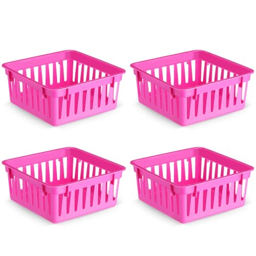 Affrolling 4 Pack Classroom Storage Baskets Mini Pink Plastic Organizer Baskets Back to School Supplies Storage Bins for Crayon Pencil Drawer, Desk, Home, Office, 5.3" L x 5.3" W x 2.4" H