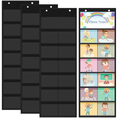 Affrolling 4 Pack Pocket Chart for Classroom 29.5 x 10 in 12+1 Pockets Hanging Wall File Organizer for Cards, Pictures, Class Management Educational Behavior Chart, Teacher Office Organization(Black)