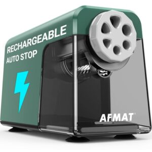 AFMAT 6-Hole Pencil Sharpener for Classroom, Cordless & Rechargeable, Heavy Duty Electric Pencil Sharpener for 6-11mm Colored Pencils, Auto Stop, Super Fast, 10,000+ Sharpenings, Battery Powered, PSD1