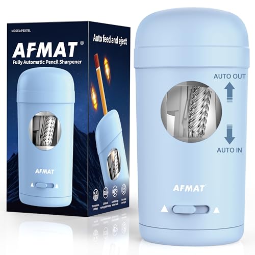 AFMAT Electric Pencil Sharpener, Fully Automatic Pencil Sharpener for 7-8mm Pencils & Colored Pencils, Auto in & Out, Rechargeable Vertical Hands-Free Sharpeners for Classroom/Home/Office PSX7(Blue)