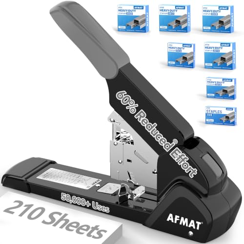 AFMAT Heavy Duty Stapler, 210 Sheet Effortless Stapler for Desk, 60% Reduced Effort, Jam Free, 50,000+ Uses, Adjustable Paper Depth, Metal Office Desktop Staplers, Includes 7000Pcs Staples, ES15