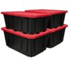 AFOLKMZ 12 Gallon Heavy-Duty Plastic Storage Totes With Black Base And Red Snap-Fit Lids, Stackable Lockable Containers Constructed From Recycled Material, 4 Pack(27gal-4Pack)