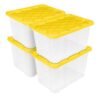 AFOLKMZ 27 Gallon Heavy-Duty Clear Plastic Storage Tote With Yellow Snap-Fit Lid, Secure-Grip Handles And Recessed Grooved With Keyholes, Stackable Container(Clear-4Pack)