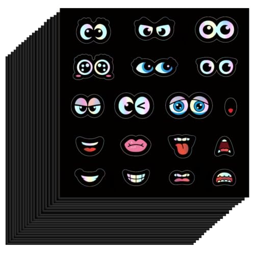 AHANDMAKER 20 Sheets Cute Cartoon Face Expression Holographic Stickers, Rainbow Eyes Nose Mouth Stickers Waterproof Vinyl Decals for Laptops Water Bottles Planners Scrapbooks Crafts Party Favors
