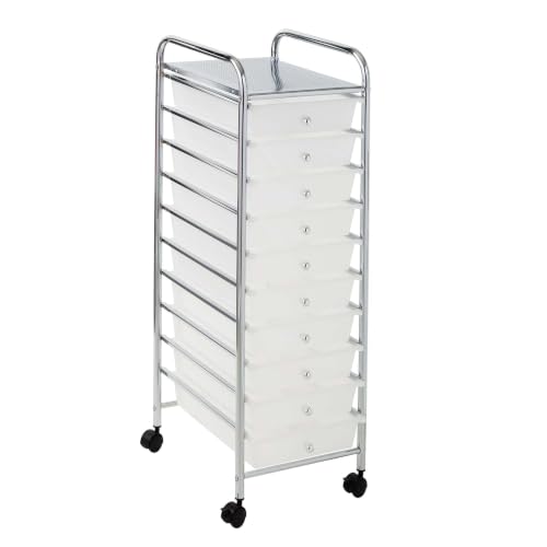 AHBNUDC 10 Drawer Rolling Storage Cart, Multi Color Organizer with Clear Drawers and Wheels, Mobile Craft Storage Organizer for Art Supplies, Office, School and Home, Clear and Chrome