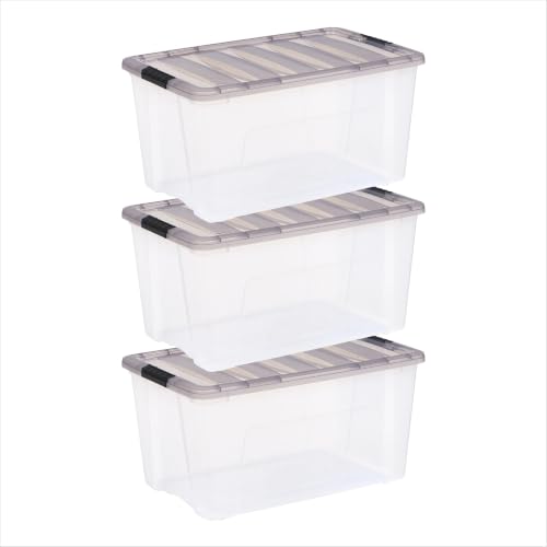 AHDWTTRGS 3 Pack 72 QT Clear Stackable Storage Totes, Heavy Duty Plastic Bins with Gray Latching Lids & Built-In Handles, 40LB Load Rectangular Containers for Garage, Closet, Office, Moving Storage