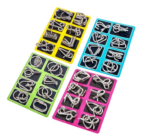 Ahyuan Metal Wire Puzzles Set 32 with Pouch Large Thick Brain Teaser Puzzles Fidget Toys IQ Test Mind Games Toys Magic Trick Toy Metal IQ Puzzle Party Favors for Kids Adults (Silver)