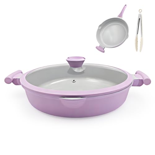AIKENBBKK Ceramic Frying Pan with Lid, 14 Inch Saute Pan, Non Stick Frying Pans, 2-In-1 Large Cooking Pan, Nonstick Skillet, Compatible with All Stoves, PTFE & PFOA Free, Purple