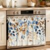 aimarisz Fall Thanksgiving Oven Skirt Curtain, Plant Blue Leaves Retro Letter Tie Top Tier Curtains Stove Dishwasher Skirt Small Window Drapes for Kitchen Bathroom Cafe 27"x20"