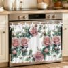aimarisz Watercolor Rose Oven Skirt Curtain, Leaf Flower Tie Top Tier Curtains Stove Dishwasher Skirt Small Window Drapes for Kitchen Bathroom Cafe 32"x24"