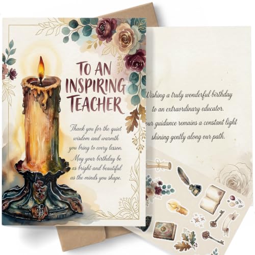 AIROW Greeting Card for Teacher, Educator Birthday, Elegant Watercolor Candle Design, Standard A5 Size, Double-Sided Print, Original Art, Includes Premium Kraft Envelope and Matching Sticker Sheet