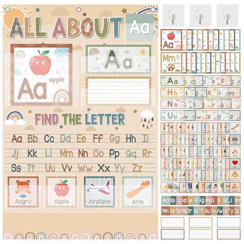 All About Letter Chart with Pocket Alphabet Learning Chart with ABC Flash Cards Boho Back to School Decorations for Letter of the Day Week Activity Classroom Home School Decor Teacher Supplies
