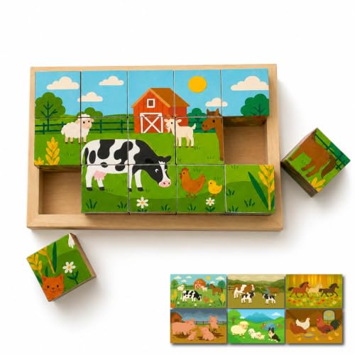 Alpacaboo Wooden Cube Puzzle for Toddlers and Preschoolers, Age 3+, Montessori Learning Toy, 15 Wooden Cubes, 6 Farm Animal Images, Educational Girl and Boy Toys, Birthday Gift for Kids