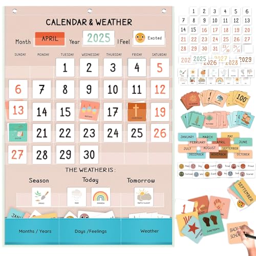 ALSLEA Calendar and Weather Pocket Chart for Classroom, 35½" x 25½" Large Boho Calendar for Kids, Toddler Learning Activities Chart, Homeschool and Teacher Essentials 114 Cards