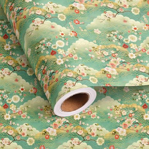Altarho Japanese Wrapping Paper Roll - Green Cherry Tree Gift Wrap Cloud Design - Kawaii Pattern for Bday Party New Year Total 28.5sq.ft