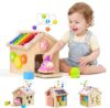 AmazingJoy Wooden Activity Cube for Toddlers 1-3 with Press to Go Car Toy, Montessori Baby Educational Learning Toys for Kids, Multipurpose Infant Activity Center, for Girls Boys 1+ Year Old