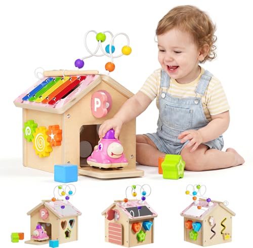 AmazingJoy Wooden Activity Cube for Toddlers 1-3 with Press to Go Car Toy, Montessori Baby Educational Learning Toys for Kids, Multipurpose Infant Activity Center, for Girls Boys 1+ Year Old
