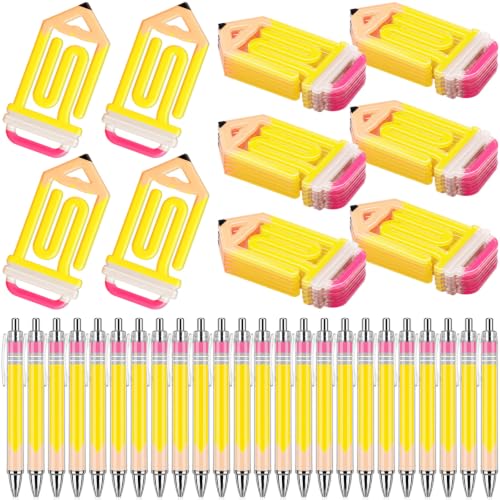 AmazingSpark 24 Sets Back to School Teacher Appreciation Gifts Bulk, Jumbo Acrylic Paper Clips&Ballpoint Pens, Cute Paperclip Bookmarks for First Day of School, Office Stationery Supplies (Pencil-b)
