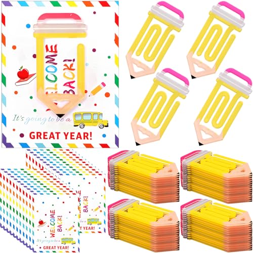 AmazingSpark 48 Set Back to School Teacher Gifts Jumbo Acrylic Paper Clips with Cards Sunday Appreciation Day Operation Paperclip Bookmark Classroom Supplies (Pencil Style 2,Back School)