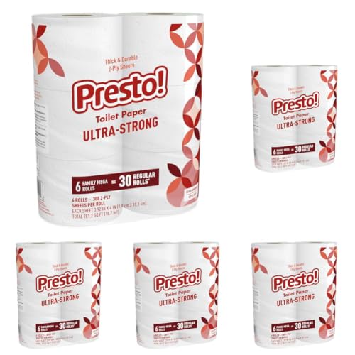 Amazon Brand - Presto! Ultra-Strong 2-Ply Toilet Paper, 6 Mega Rolls : 30 Regular Rolls, 308 Sheets Per Roll, Unscented (Pack of 5)