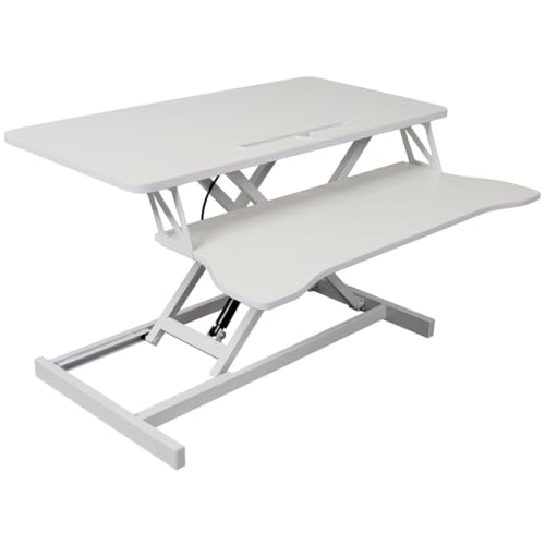 AMZXPLORE Standing Desk Converter, Height Adjustable Sit Stand Desk Riser with Keyboard Tray, Ergonomic Desktop Workstation for Dual Monitor Laptop Computer Setup, Gas Spring Lift System,White