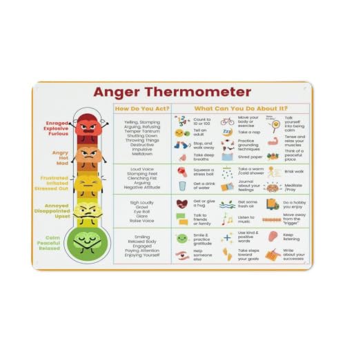Anger Thermometer Metal Sign, Emotional Regulation Chart Aluminum Sign, Feelings Management Poster, Social Emotional Learning Wall Decor for Classroom School Counseling Room Home20x30cm
