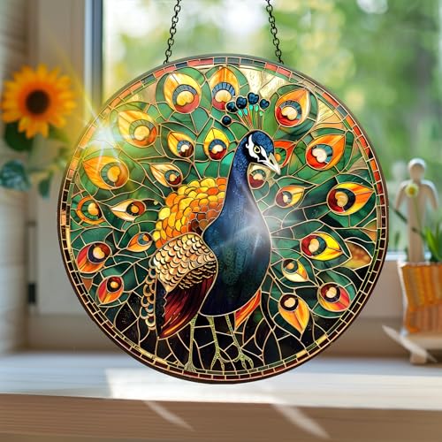 Animal Peacock Stained Glass Style Suncatcher Window Hanging Decor, Acrylic Jigsaw Puzzle with Rainbow Reflections, Wall Art, Christmas Ornaments Indoor & Outdoor Use 7.4 in 83 Pieces 4