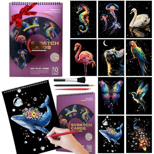 Animal Scratch Art Book for Adult | A4 Size (29.7x21.2cm) 10-Sheet Scratch and Sketch Rainbow Set Art Therapy DIY Creative Gift (Colorful Animal)
