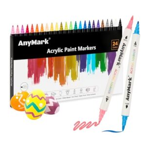 AnyMark 24 Colors Acrylic Paint Markers, Dual Tip Acrylic Paint Pens with Brush & Fine Tip, Premium Paint Markers for Coloring, Canvas, wood, Stone, Rock Painting, Glass