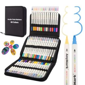 AnyMark 48 Colors Acrylic Paint Markers, Dual Tip Acrylic Paint Pens with Brush & Fine Tip, Premium Paint Markers for Coloring, Canvas, wood, Stone, Rock Painting, Glass
