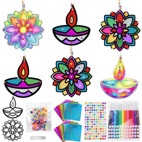 ANYMONYPF 24 Set Happy Diwali Craft Kits Diwali Foil Art DIY Mandala Flower Rangoli Hanging Lantern Festival of Lights Deepavali Paint Craft for Indian Temple Sunday Activity Supplies