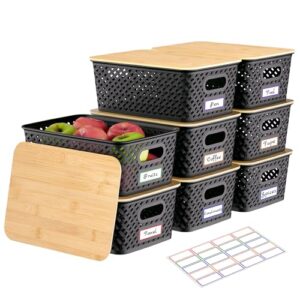 Anysig 8 Pack Plastic Storage Bins with Bamboo Lids, 5.2 QT Stackable Bins