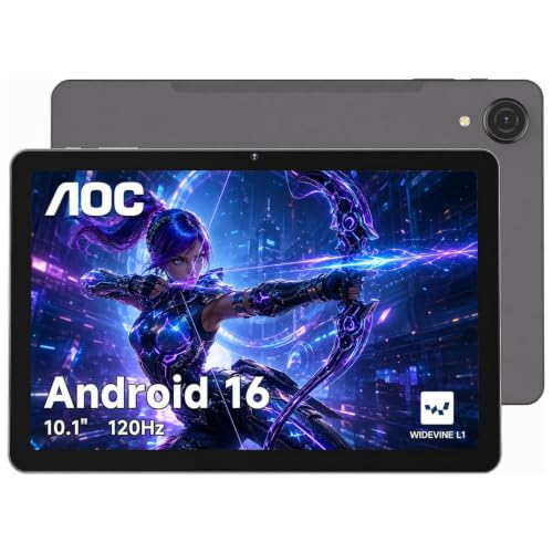AOC 10 Inch Tablet Android 16, 120Hz IPS High Brightness HD Display, 8-Core Processor, Widevine L1 HD Streaming, 4GB RAM 128GB Storage (1TB Expand), 6000mAh Battery, WiFi, Face ID, Metal Body, Gray