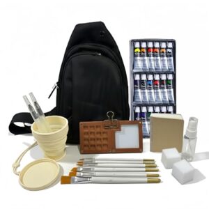 AOCQM Mini Watercolor Paint Set - 15-Well Walnut Wood Palette, Assorted Paints, 100% Cotton Sketchbook, Crossbody Bag, Paint Water Cup, Water Brush & Paint Brush, Ideal for Artists & Beginners