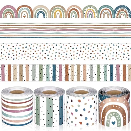 Aodaer 4 Rolls 131.2 Ft Boho Bulletin Board Borders Groovy Rainbow Dot Stripe Scalloped Rolled Board Trims 4 Styles Classroom Bulletin Borders Decorations for School Blackboard Office Wall DIY Decor