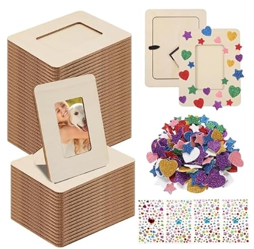 AotoParts 50 Pcs Wooden Picture Frames for Crafts, 4.5"x3.5" DIY Wood Photo Frames Bulk with 4 Diamond & 2 Color Letter Stickers, Mini Unfinished Wood Frame for Wedding Party Home Decor