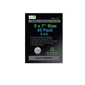 Apache 5x7" Size Laminating Pouches, 5 Mil, 45 Pack, Holds 5 x 7 Inch Projects (5.3 x 7.3 Inch Pouch Size), Thermal Laminator Compatible Laminating Sheets, Super Clear, Round Corners