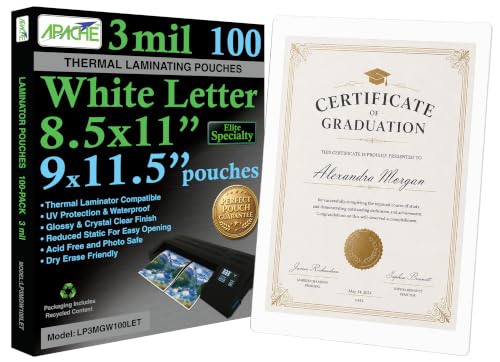Apache Letter Size White Back Laminating Pouches, 3 Mil, 100 Pack, Holds 8.5 x 11 Inch Projects (9 x 11.5 Inch Pouch Size), Thermal Laminator Compatible Colored Laminating Sheets, Elite Specialty Line