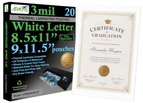 Apache Letter Size White Back Laminating Pouches, 3 Mil, 20 Pack, Holds 8.5 x 11 Inch Projects (9 x 11.5 Inch Pouch Size), Thermal Laminator Compatible Colored Laminating Sheets, Elite Specialty Line