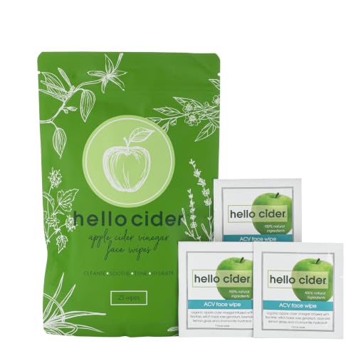 Apple Cider Vinegar Acne Face Wipes-Organic TeaTree, Rose, Chamomile, Witch Hazel.Oil free. Reduce Blemish & Acne. Tone,Restore, Sooth, Balance pH. Dry, Normal, Sensitive Skin. 25ct. USA Hello Cider