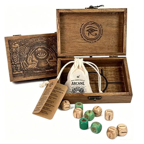 Arcane Divination Dice Set with Engraved Wooden Box, Oracle Dice for Tarot Ritual, Handcrafted Wooden Dice with Mystical Symbols, 10-Piece Set for Astrology, Rune Casting and Meditation