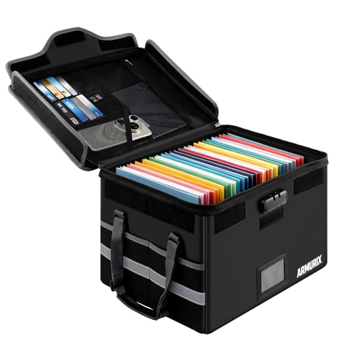 ARMURIX File Box with Lock, Fireproof Document Organizer Box with Lid & Handle, Portable Important File Folder Organizer, Collapsible Filing Storage Box for Home, Office & Travel