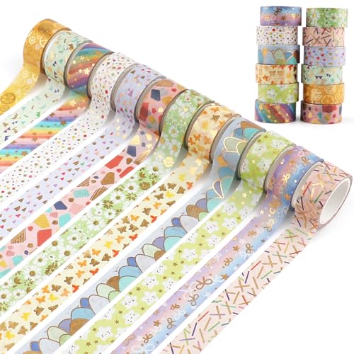 ARPOVIST 12 Rolls Gold Foil Floral Washi Tape Set,15mm Decorative Masking Tape for Journaling, Scrapbooking, Planners, DIY Crafts, Gift Wrapping(Spring Pastel Collection)